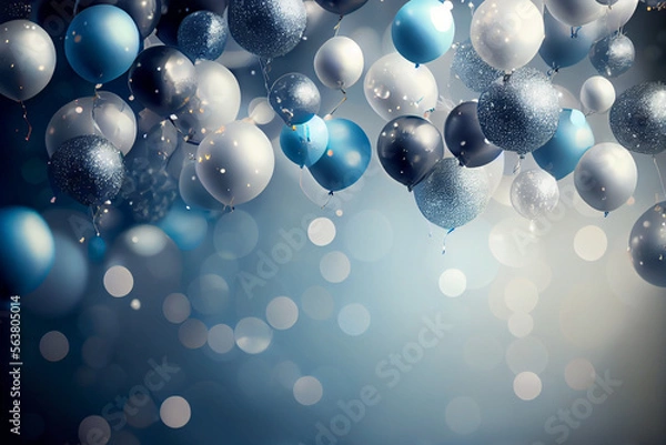 Fototapeta Festlicher Hintergrund mit Luftballons und Konfetti mit unscharfen Hintergrund und Bokeh Lichter - Generative Ai