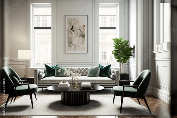 Obraz american style design living room minimalist modern. Generative AI