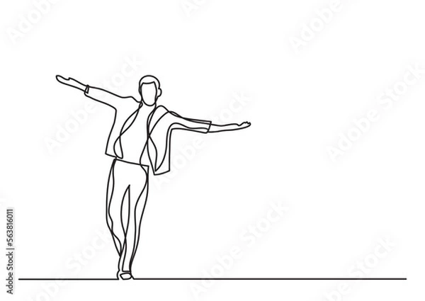 Fototapeta continuous line drawing vector illustration with FULLY EDITABLE STROKE of happy man walking