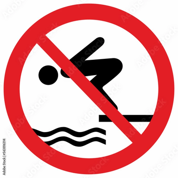 Fototapeta no jumping into the water, no diving, red circle frame, vector sign