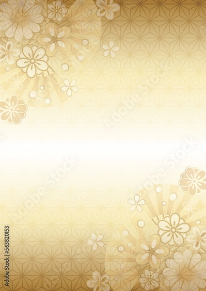 Fototapeta 花と扇の麻の葉模様和背景タテ金