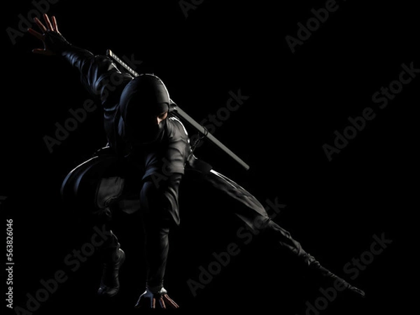 Obraz Ninja pozuje do lądowania w ciemności. Ilustracja 3D.