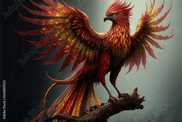 Fototapeta ancient phoenix fire bird with spread wings, Generative AI