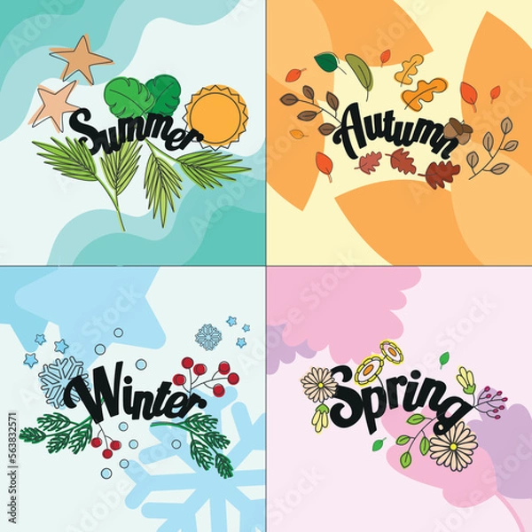 Fototapeta Season names inscriptions and icons. Four seasons symbols.