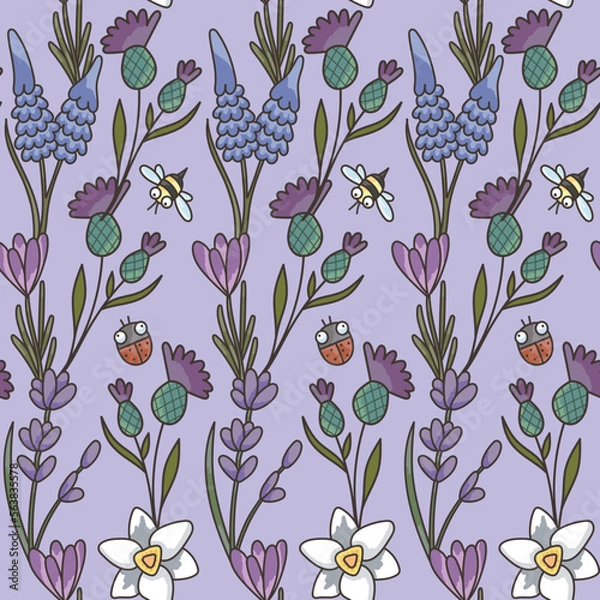 Obraz Seamless lavender pattern. Pattern with flowers. Cute childish drawing. Vector illustration, provence, for children, ladybug.