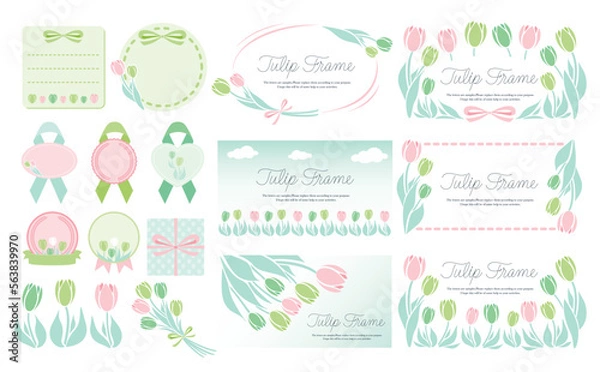 Fototapeta シンプル可愛い春のお花のチューリップフレームとイラストのセットベクター素材_ピンク緑系_横長