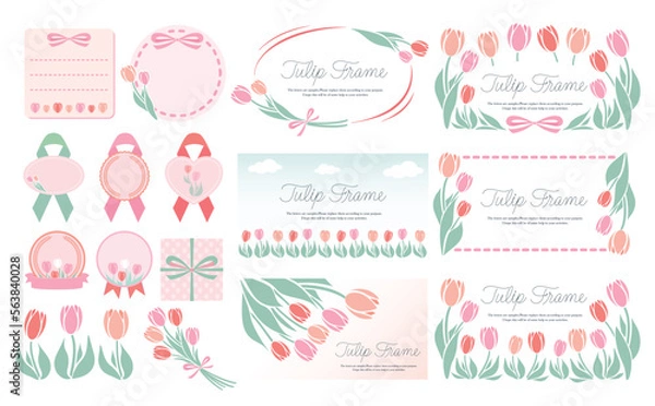 Fototapeta シンプル可愛い春のお花のチューリップフレームとイラストのセットベクター素材_ピンク赤_横長