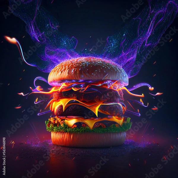 Fototapeta Cheeseburger dynamic view in neon disco lights and lightnings generative ai illustration, tasty and classic explosion.