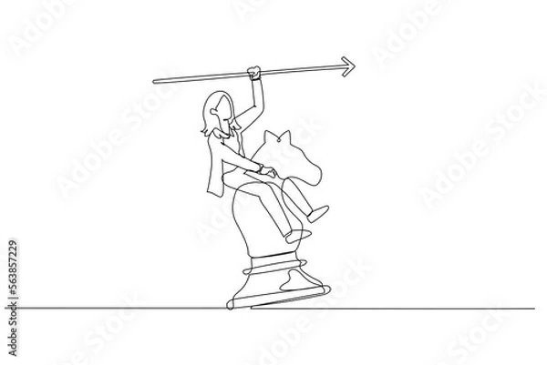 Fototapeta Cartoon of businesswoman riding chess horse metaphor for business fighting and strategy. One continuous line art style