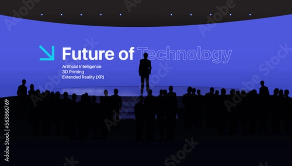 Fototapeta Modern tech conference scene with big screens. Event stage with speaker podium and large displays.