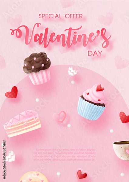 Fototapeta Sweet bakery with decoration of Valentine day's specials offer and shop banner in watercolors and layers style with wording of sale' example texts on pink background.
