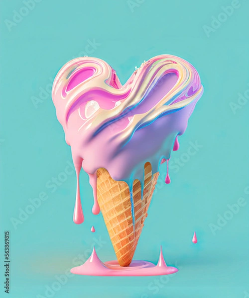Obraz Creative concept of Summer dessert, snack, pastel sweet, delicious heart shaped ice cream that melts in a cone. Illustration, Generative AI.