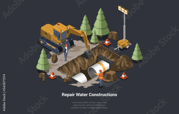 Fototapeta Broken Sewer and Water Supply. Pipeline for Various Purposes. City Engineering Network. Utility Services Repairing Pipeline Of Sewerage. Underground Part of System. Isometric 3d Vector Illustration