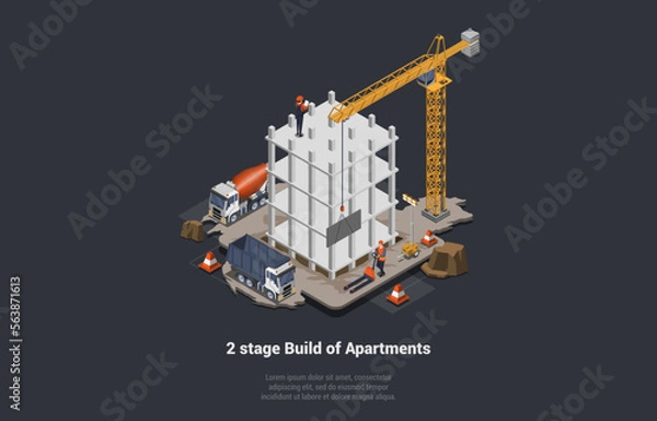 Fototapeta Concept Of House Building Stages And Foundation Work. Construction Workers Pouring Foundation With Tower Crane And Build Walls Of Multistory Building Or Skyscraper. Isometric 3D Vector Illustration