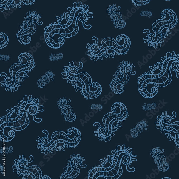 Obraz Watercolor-blue seamless pattern with seahorses, sea background.