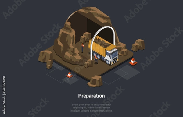 Fototapeta Tunnel Construction Composition Concept. Quarry Mining Machines, Underground, Tunneling Drilling Rig, Underground Mining Truck and Workers In Work Helmet And Clothes. Isometric 3d Vector Illustration
