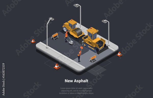 Fototapeta Road Works, Construction Industry And Asphalt Paving. Workers Paving Asphalt, Making Asphalt Preparations Using Heavy Asphalting Machinery Roller And Asphalt Paver. Isometric 3d Vector Illustration