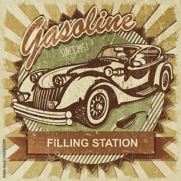 Fototapeta Gasoline retro poster with retro car.