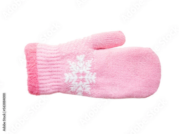 Fototapeta pink knitted mitten with a snowflake pattern on a white background