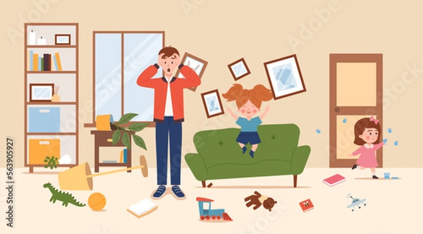 Fototapeta Parent horrified by the mess made by naughty children flat vector illustration.