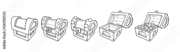 Fototapeta Treasure chests with golden coins. Set of wooden open and closed chests with money for games. Vector illustration isolated in white background