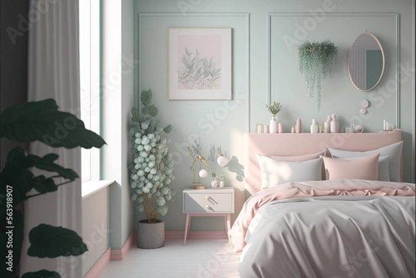 Fototapeta Large white bedroom with a comfortable bed by the window, modern interior style design. 3D rendering of the apartment. Illustration. Generative AI.