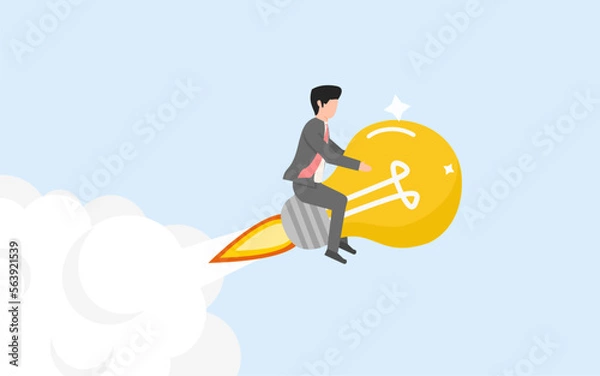 Obraz CREATIVITY CONCEPT. INNOVATION. BIG IDEAS. BUSINESSMAN DRIVES A LIGHT BULB THAT ACTS LIKE A ROCKET