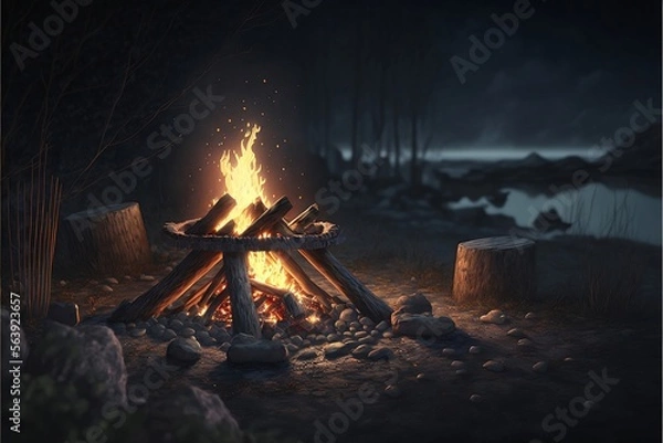 Obraz An evening bonfire on the bank of a mountain river. Romantic setting by the fire. Generative AI.
