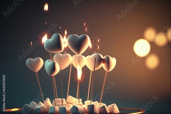 Obraz Heart-shaped marshmallows skewered with lights in the background. A romantic arrangement for Valentine's Day. Generative AI.