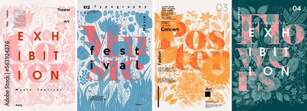 Obraz Kwiaty tło. Napis w kwiatach. Projektowanie plakatów typograficznych. Zestaw płaskich ilustracji wektorowych. Drukuj, etykieta, okładka lub koszulka drukująca.