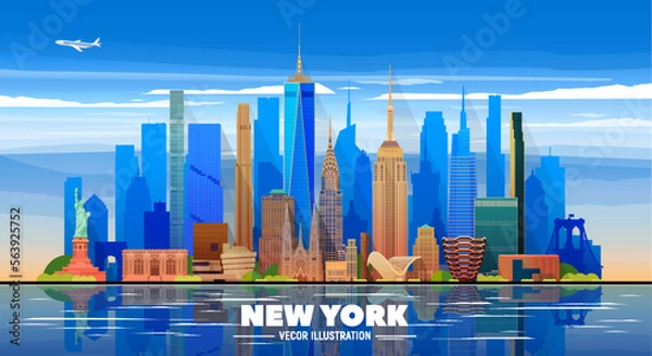 Fototapeta New York skyline in the sky background. Flat vector illustration. Business travel and tourism concept with modern buildings. Image for banner or website.
