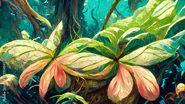 Obraz forest Mayan style riverside flowers and trees illustration art Generative AI Content by Midjourney