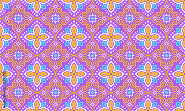 Fototapeta Ethnic Abstract Background cute Purple Yellow Flower geometric tribal ikat folk Motif Arabic oriental native pattern traditional design carpet clothing fabric wrapping print batik folk knit vector