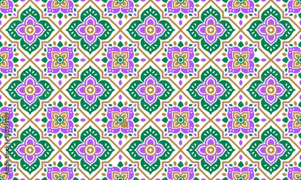 Fototapeta Ethnic Abstract Background cute Green Purple Gold Flower geometric tribal folk Motif Arabic oriental native pattern traditional design carpet wallpaper clothing fabric wrapping print batik folk vector