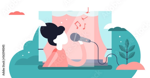 Fototapeta Singing illustration, transparent background. Flat tiny musical performance persons concept. Abstract sound singer hobby with vocal media entertainment show. Leisure stage karaoke lifestyle.