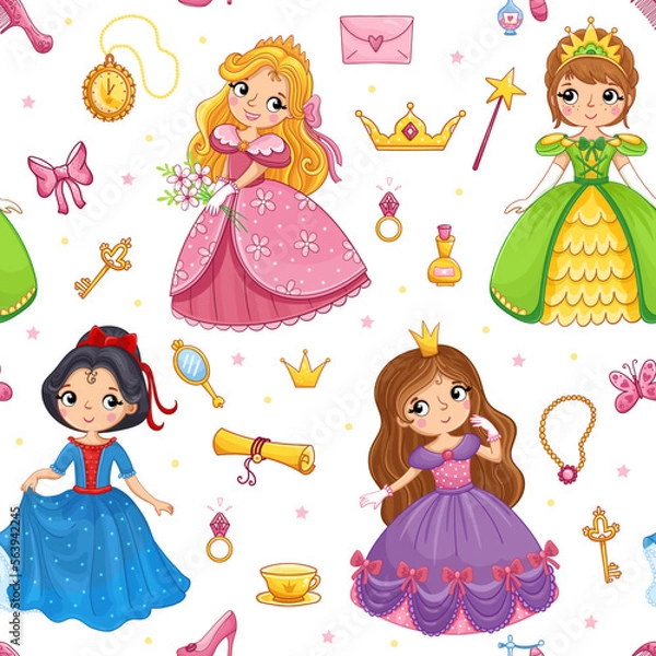 Fototapeta Cartoon seamless pattern with hand drawn cute little princess girl and design elements.. Vector illustration.