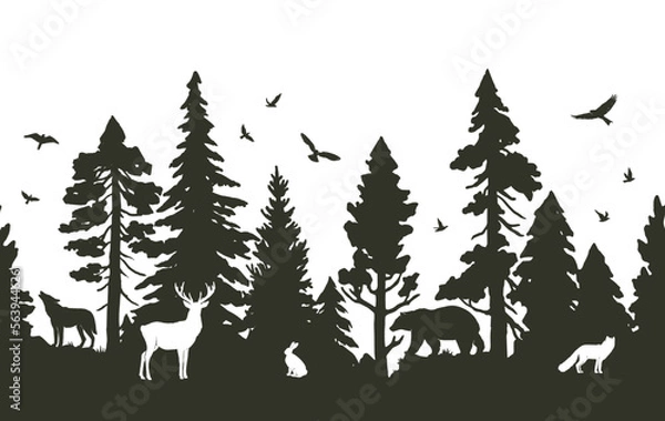Fototapeta Seamless pattern with coniferous forest and animals. Vector silhouette of firs, pines, deer, hare, fox, wolf, bear and birds isolated on white background. Nature border pattern