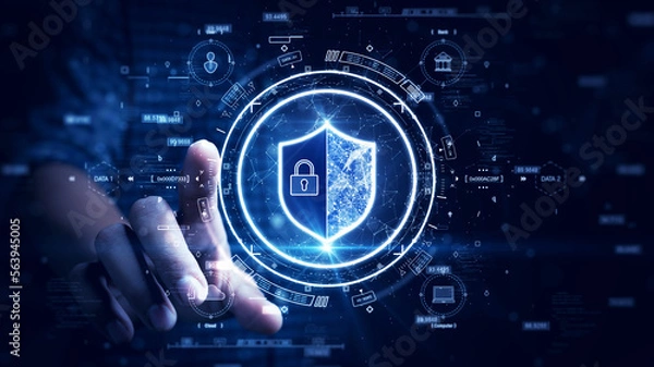 Fototapeta digital technology concept cyber security data protection internet network connection. Man accessing a computer device with a protective shield against cyber threats. polygon on dark blue background.