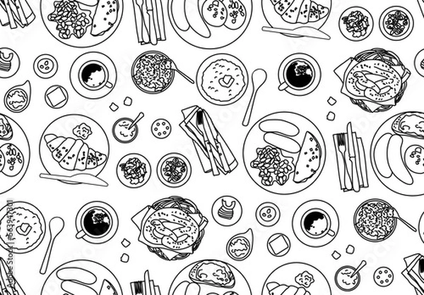 Fototapeta European food seamless pattern top view plates dishes table black and white