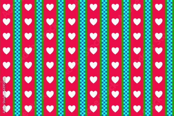 Fototapeta 鮮やかなピンク地に白のハート模様と青いチェッカーのシームレスの縞模様