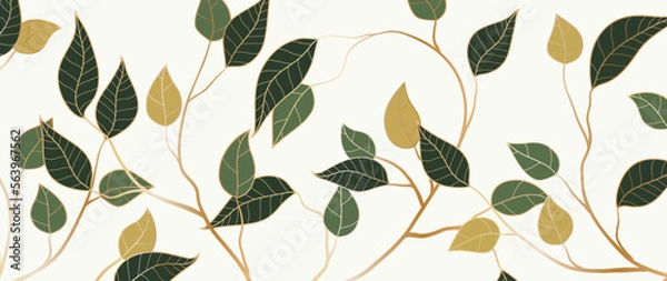Fototapeta Botanical foliage vector background. Luxury wallpaper design with green leaves, yellow, golden branches, leafy garden. Elegant golden leaf illustration suitable for fabric, prints, cover.
