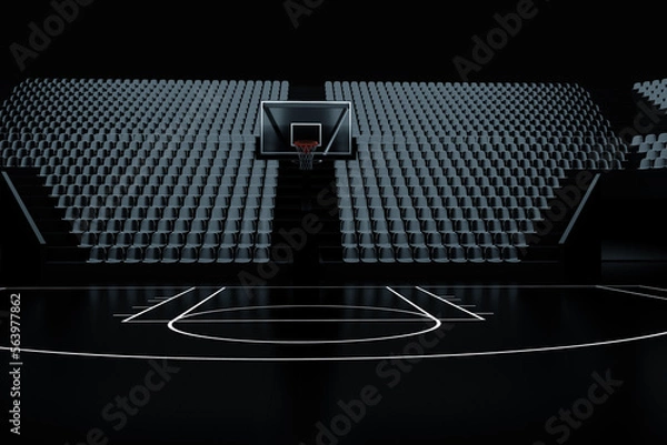 Obraz Black basketball hall with empty stands, dark basketball court, basketball stadium. Basketball concept, sports betting. Copy space, 3D illustration, 3D rendering.