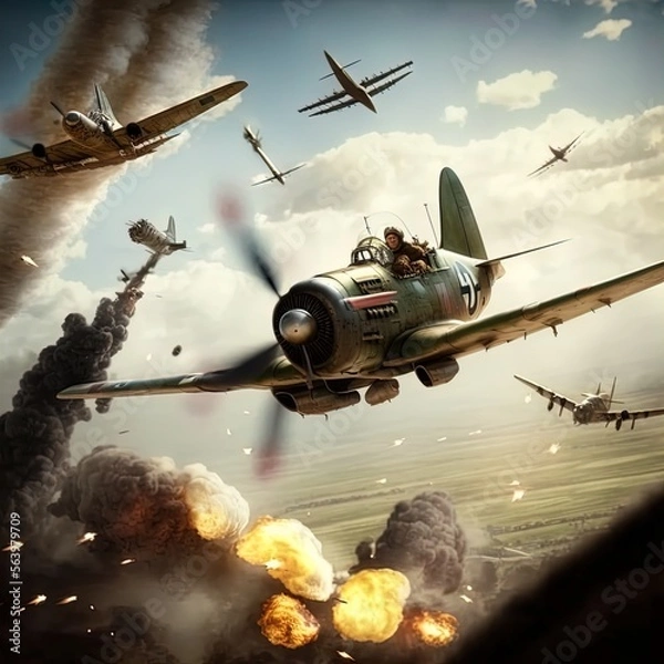 Fototapeta World War 2 aerial battle. Action scene. Made with Generative AI.