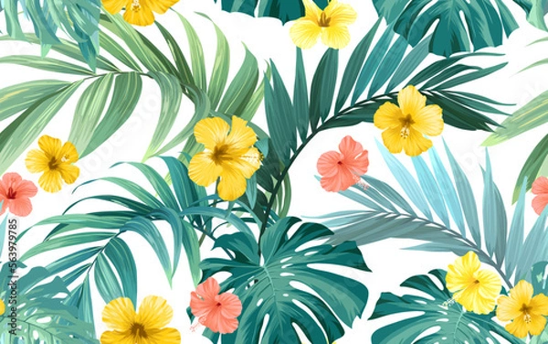 Fototapeta Tropical pattern with green monstera leaves and hibiscus flowers. Summer vector background or textile illustration.