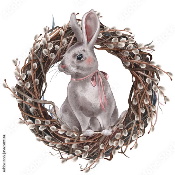 Obraz Easter bunny in a wreath of willow twigs.