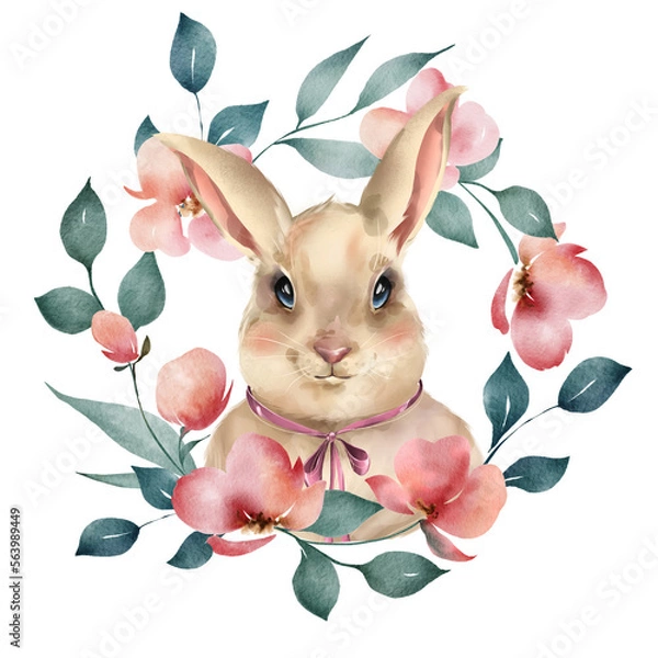 Obraz Easter bunny in a frame of watercolor flowers. Digital illustration in watercolor style