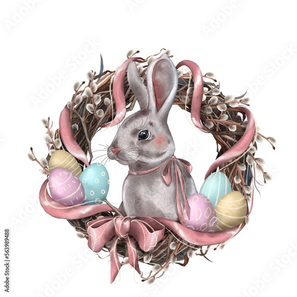 Obraz Easter bunny in a willow wreath with ribbons and painted eggs. Digital illustration
