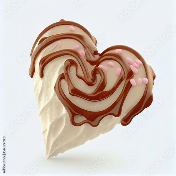Obraz Heart shaped ice cream in a waffle cone with caramel topping isolated on white background. St. Valentine's Day food design.