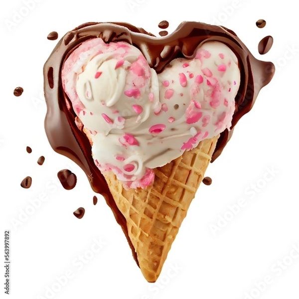 Obraz Heart shaped ice cream in a waffle cone with chocolate topping isolated on white background. St. Valentine's Day food design.