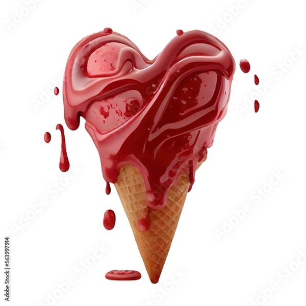 Obraz Heart shaped pink ice cream in a waffle cone with topping isolated on white background. St. Valentine's Day food design.